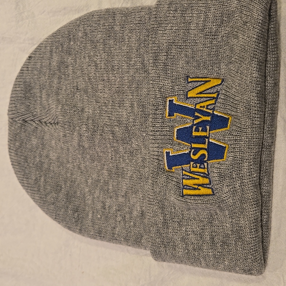 Wesleyan College Knit Gray Beanie with Embroidered School Logo